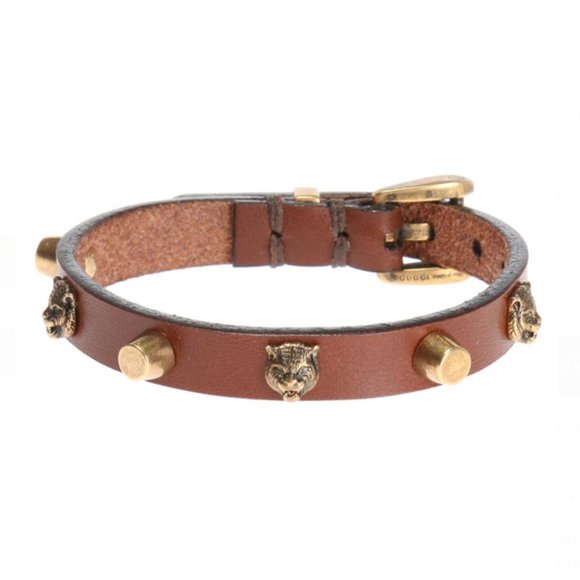 Gucci Studded Feline Head Leather Bracelet in Brow - Picture 1 of 13